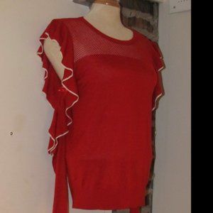 French Connection Red White Cold Shoulder Mesh Knit Sweater Ruffles Size L Large
